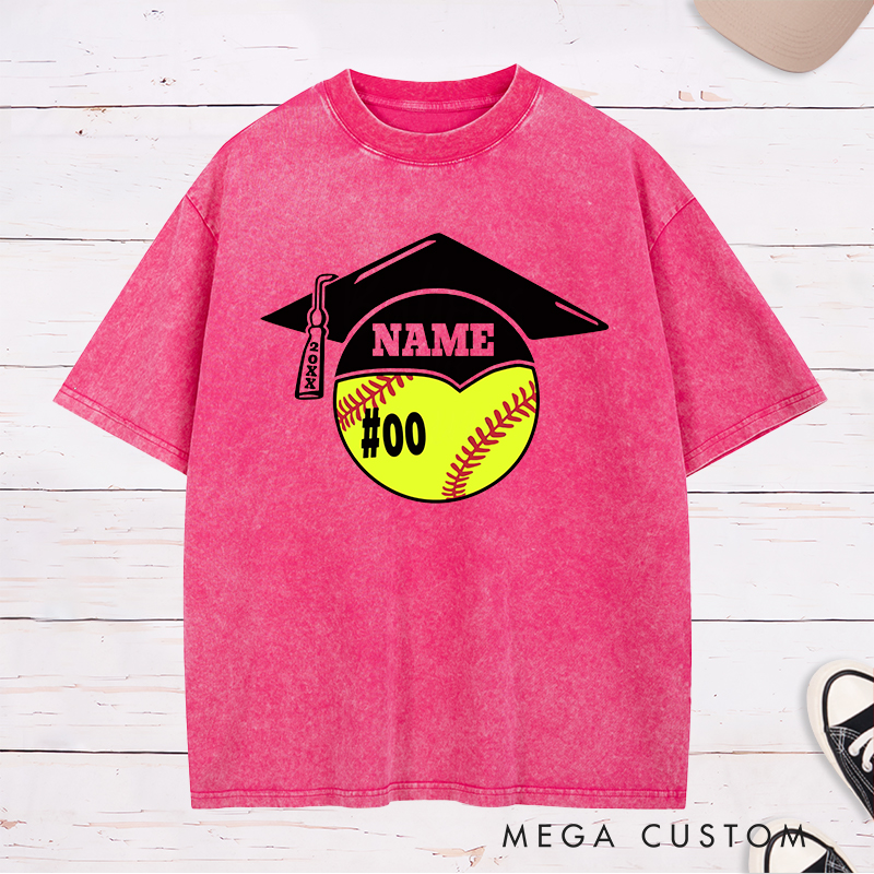 Personalized Graduation Softball Washed T-Shirt Design Featuring Custom Name Player Number Graduation Cap and Bat Graphic