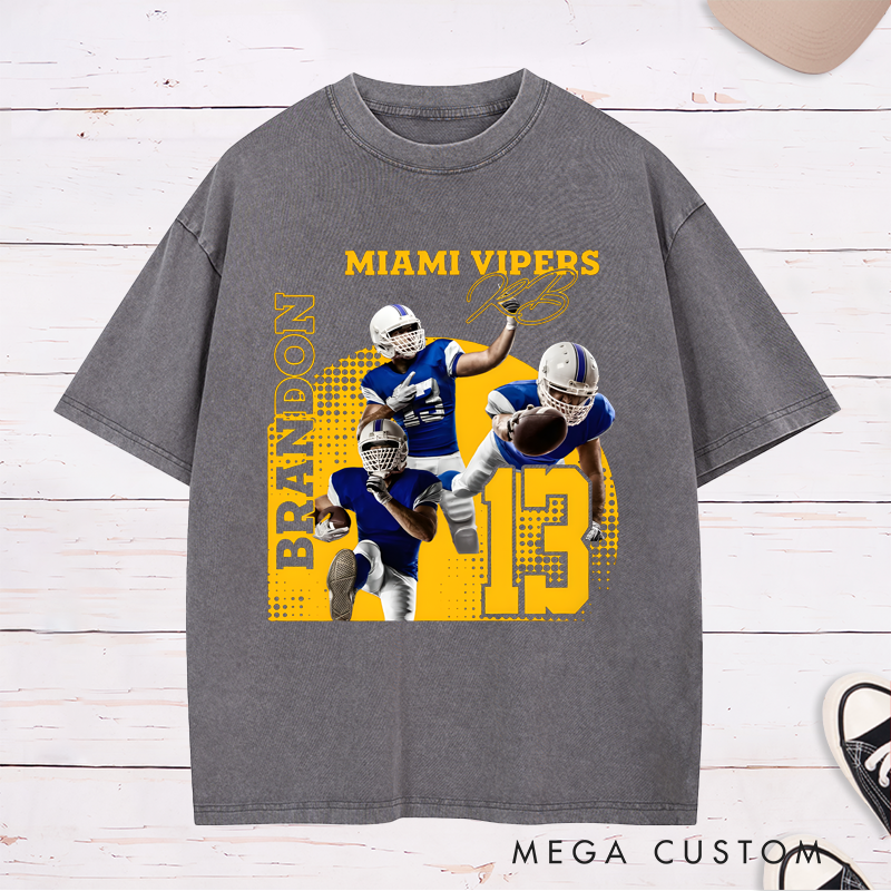Personalized Washed American Football T-Shirt with Custom Photo, Name, Team Name, and Number Design