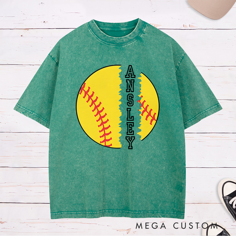Personalized Softball Washed T-Shirt Design Featuring Torn Softball Graphic and Customizable Vertical Name Text for a Bold and Unique Look