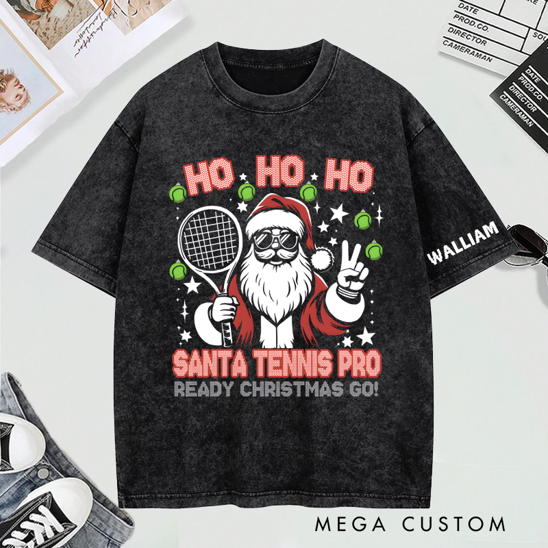 Personalized "Santa Tennis Pro" Christmas Washed T-Shirt with Custom Name