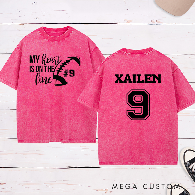 Personalized American Football and Rugby Washed T-Shirts for "My Heart On The Line" with Custom Name and Number Jersey