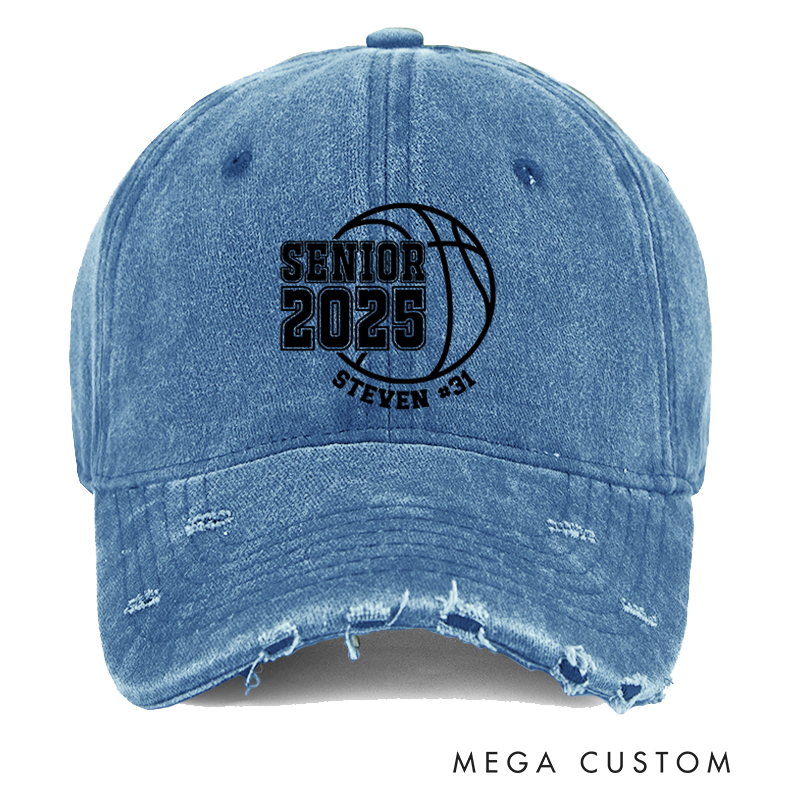 Personalized Distressed Denim Basketball Cap for Seniors with Graduation Year Name and Number Design