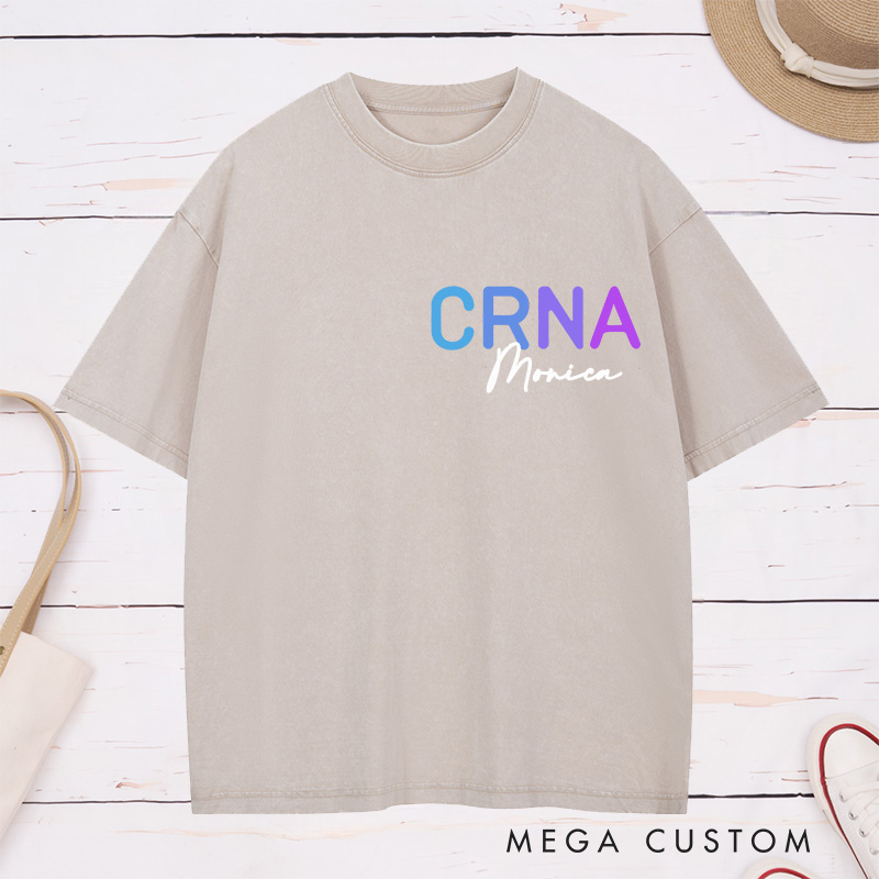 Personalized Nurse Washed T-Shirt Customized Vintage Brown CRNA Design Washed T-Shirt 