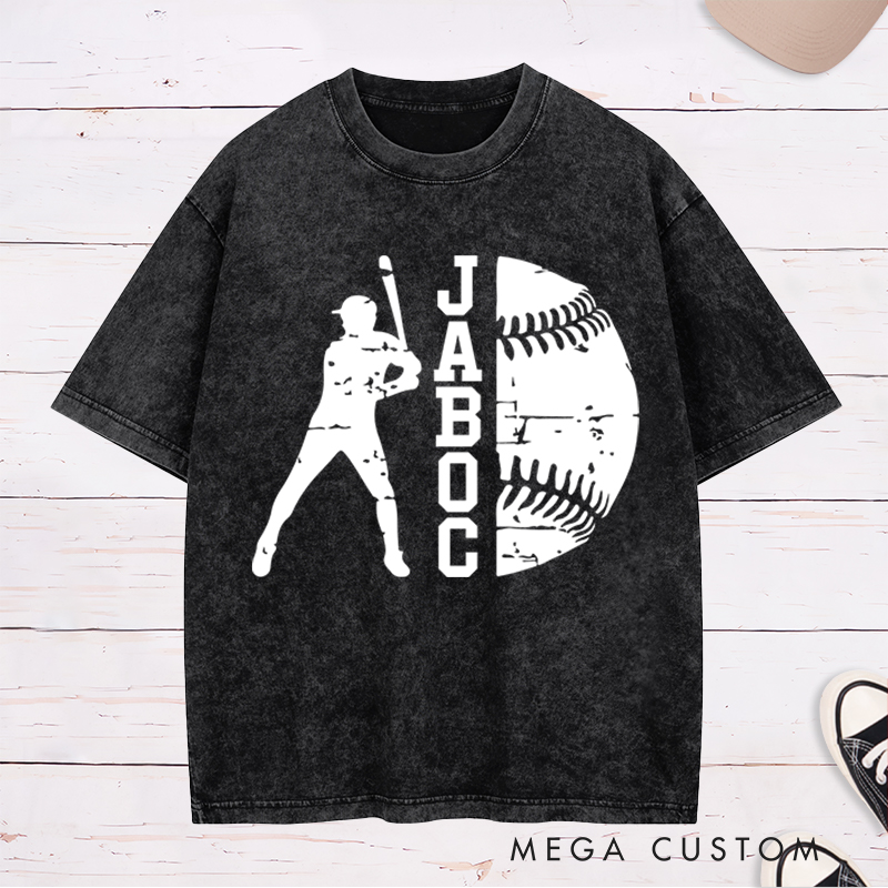Personalized Baseball Washed T-Shirt with Batter Silhouette and Custom Name Design