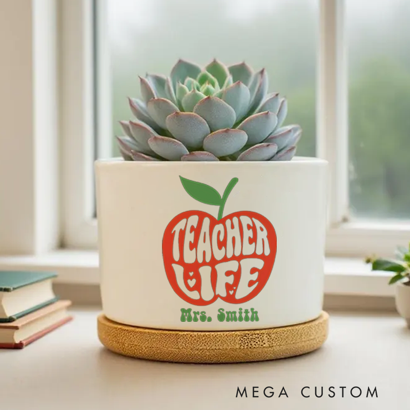 Personalized Teacher Ceramic Plant Pot Retro Apple Theme Bold Typography Design Whimsical and Fun Gift for Teachers