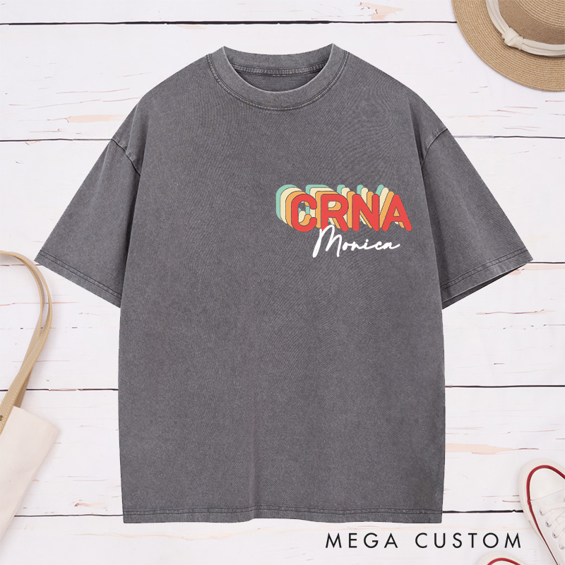 Personalized Nurse Washed T-Shirt Customized Vintage Brown CRNA Design Washed T-Shirt 