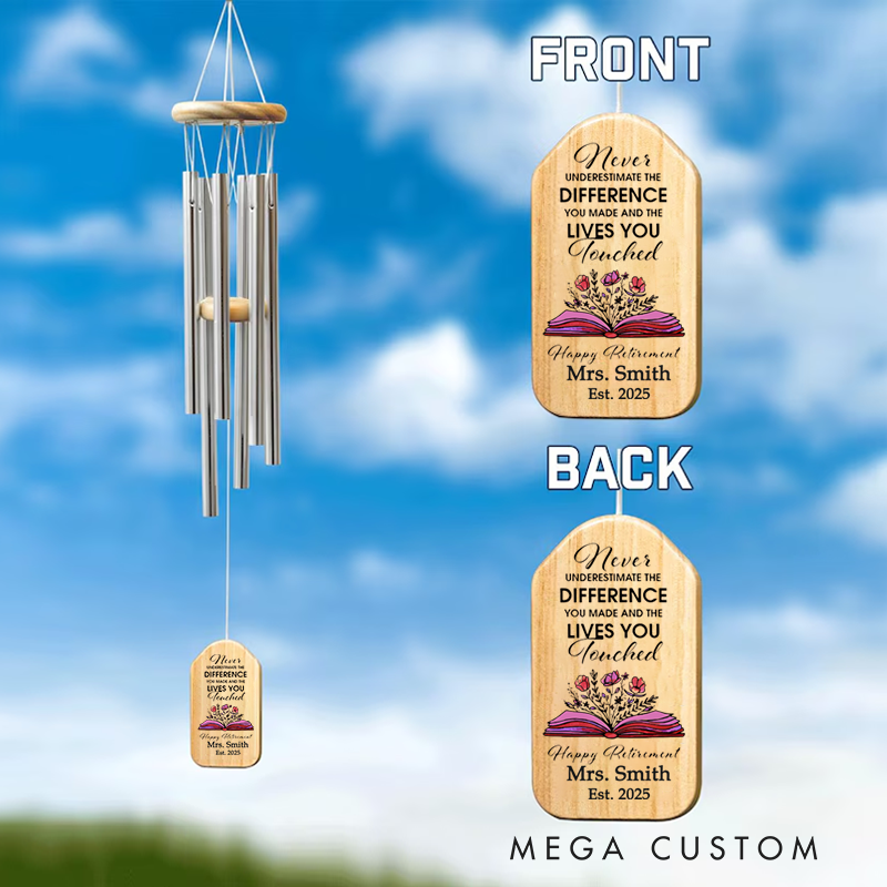 Personalized Wind Chimes for Teacher Flower Book Retired Teacher Appreciation Gift