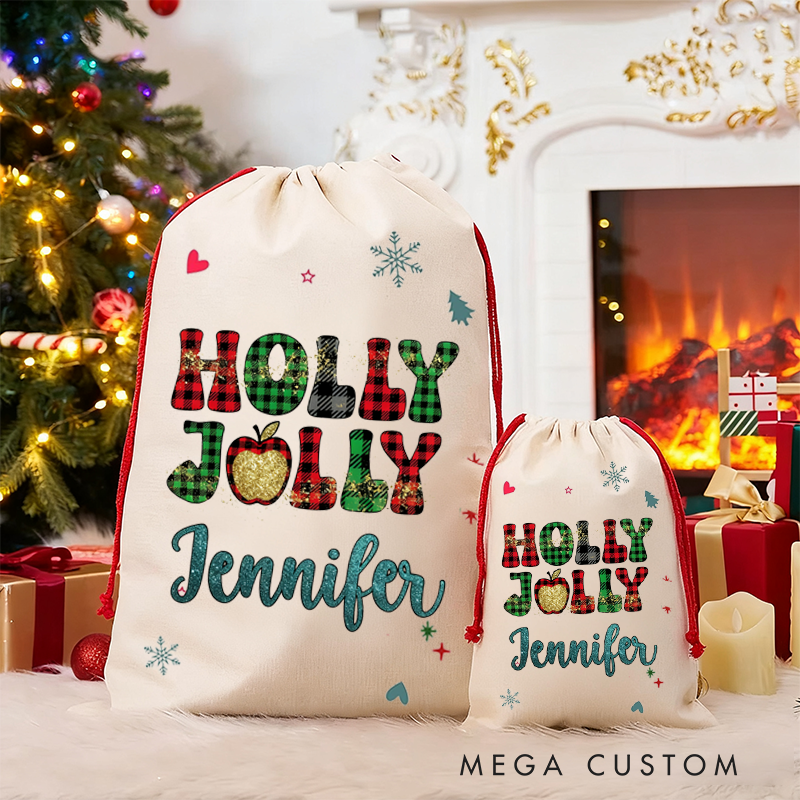 Personalized Teacher Christmas Gift Sack Holly Jolly Teacher Design Santa Bag