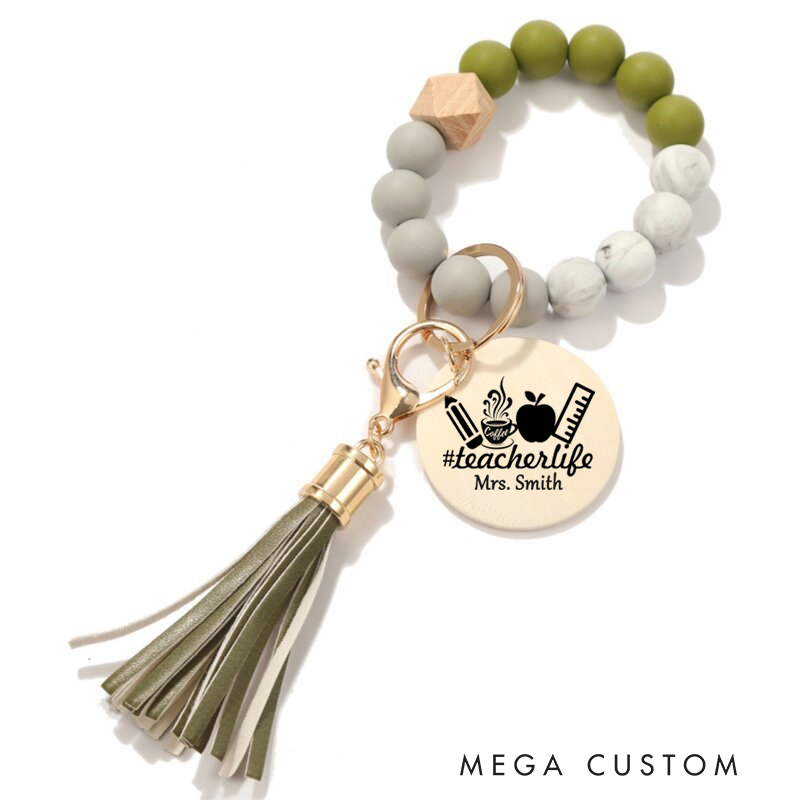 Personalized Teacher Keychain Teacher Flower Design Silicone Beads Bracelet Keychain Wooden Engraved Wristlet Keychain Teacher Appreciation Gift