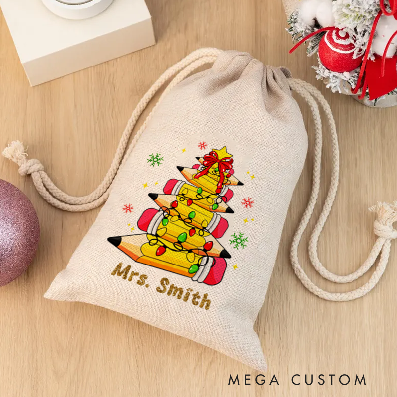 Personalised Christmas Santa Sack for Teachers Custom Cute Pencil Light Star Snowflak Design Sack Christmas Gift