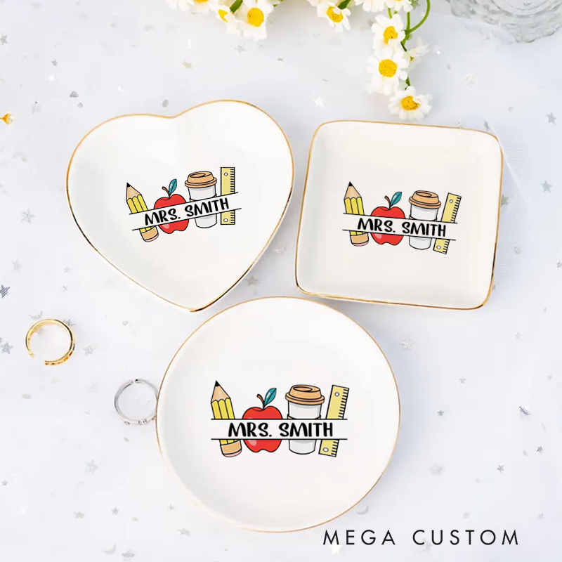 Personalized Jewelry Dish for Teacher Fashion Pencil Apple Coffee Design Ceramic Ring Dish Teacher Appreciation Gift