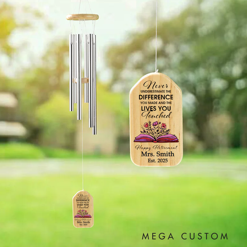 Personalized Wind Chimes for Teacher Flower Book Retired Teacher Appreciation Gift