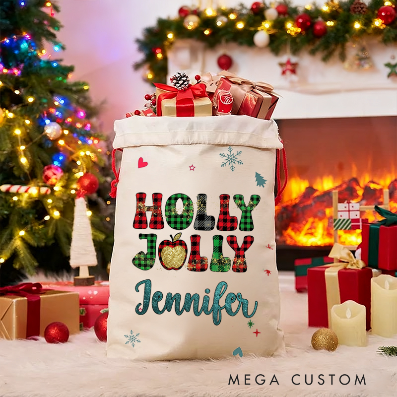 Personalized Teacher Christmas Gift Sack Holly Jolly Teacher Design Santa Bag