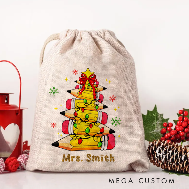 Personalised Christmas Santa Sack for Teachers Custom Cute Pencil Light Star Snowflak Design Sack Christmas Gift