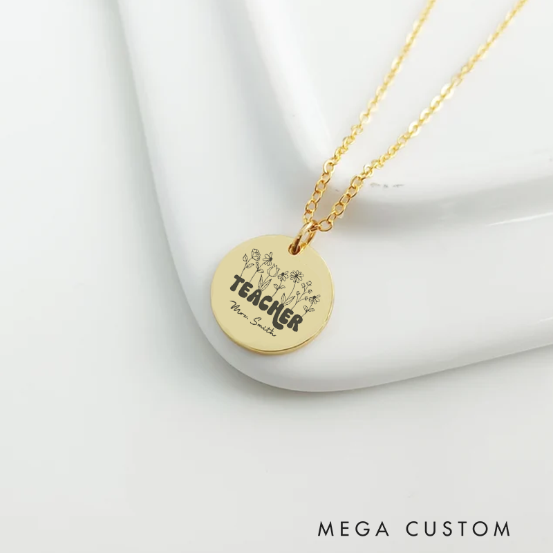 Personalized Teacher Engraved Necklace Flower Teacher Design Necklace Thank You Gift for Teachers