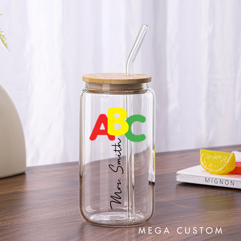 Personalized Teacher Tumbler with Lid and Straw ABC Custom Glass Coffee Cup Teacher Appreciation Gift