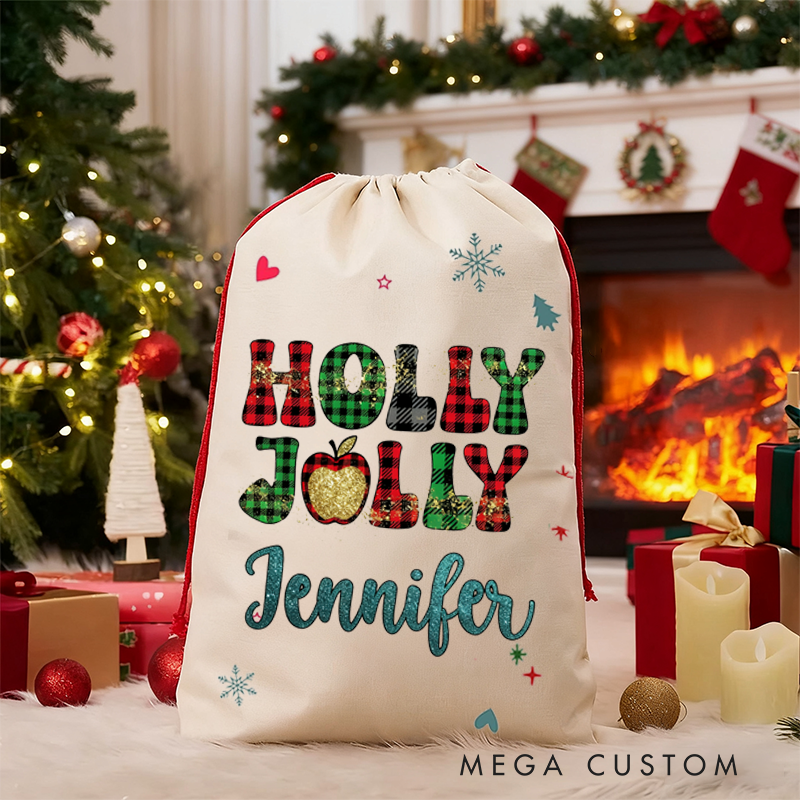 Personalized Teacher Christmas Gift Sack Holly Jolly Teacher Design Santa Bag