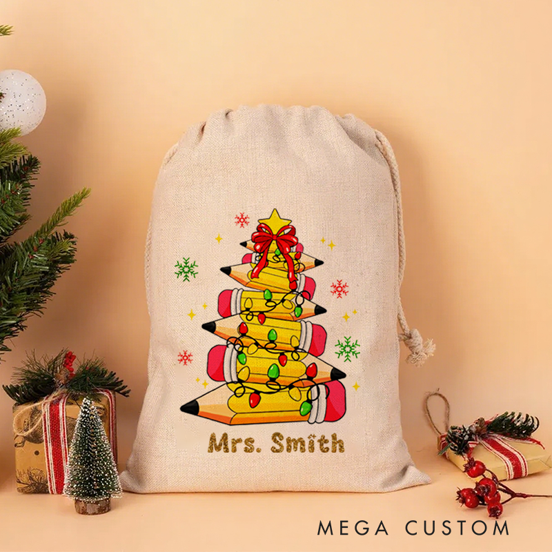 Personalised Christmas Santa Sack for Teachers Custom Cute Pencil Light Star Snowflak Design Sack Christmas Gift