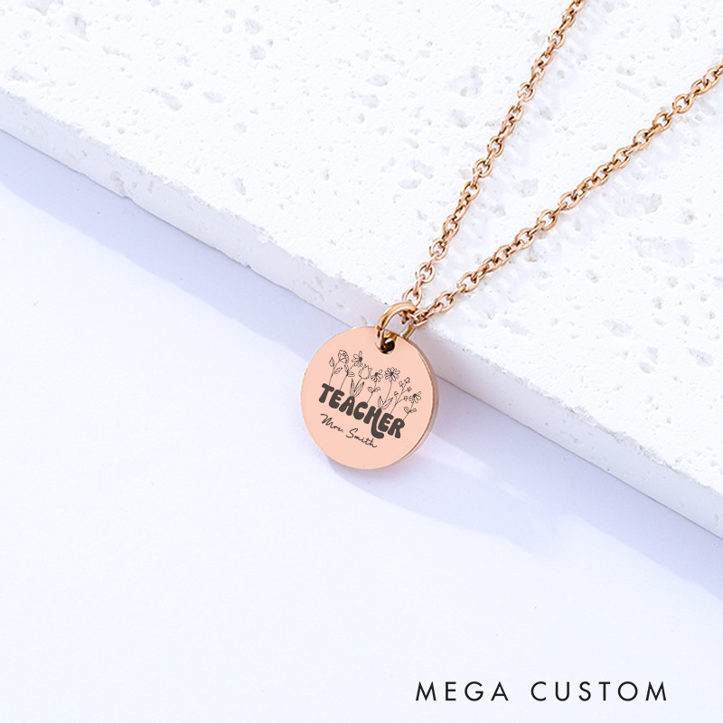 Personalized Teacher Engraved Necklace Flower Teacher Design Necklace Thank You Gift for Teachers