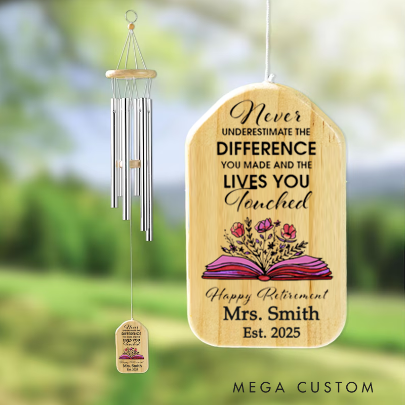 Personalized Wind Chimes for Teacher Flower Book Retired Teacher Appreciation Gift