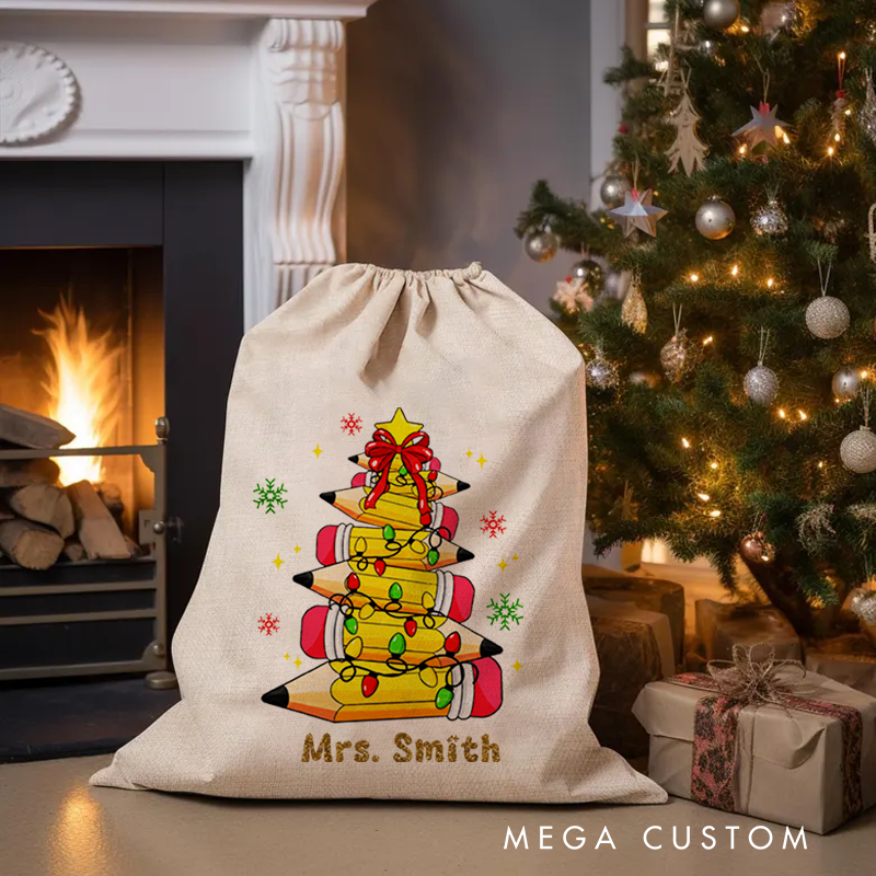 Personalised Christmas Santa Sack for Teachers Custom Cute Pencil Light Star Snowflak Design Sack Christmas Gift