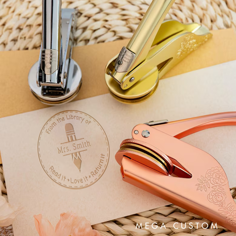 Personalized Teacher Book Embosser Stamp with Pen Design Thoughtful Gift for Teachers