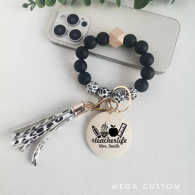 Personalized Teacher Keychain Teacher Flower Design Silicone Beads Bracelet Keychain Wooden Engraved Wristlet Keychain Teacher Appreciation Gift