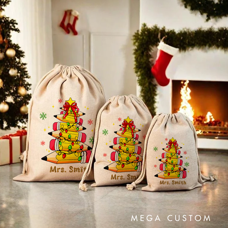 Personalised Christmas Santa Sack for Teachers Custom Cute Pencil Light Star Snowflak Design Sack Christmas Gift