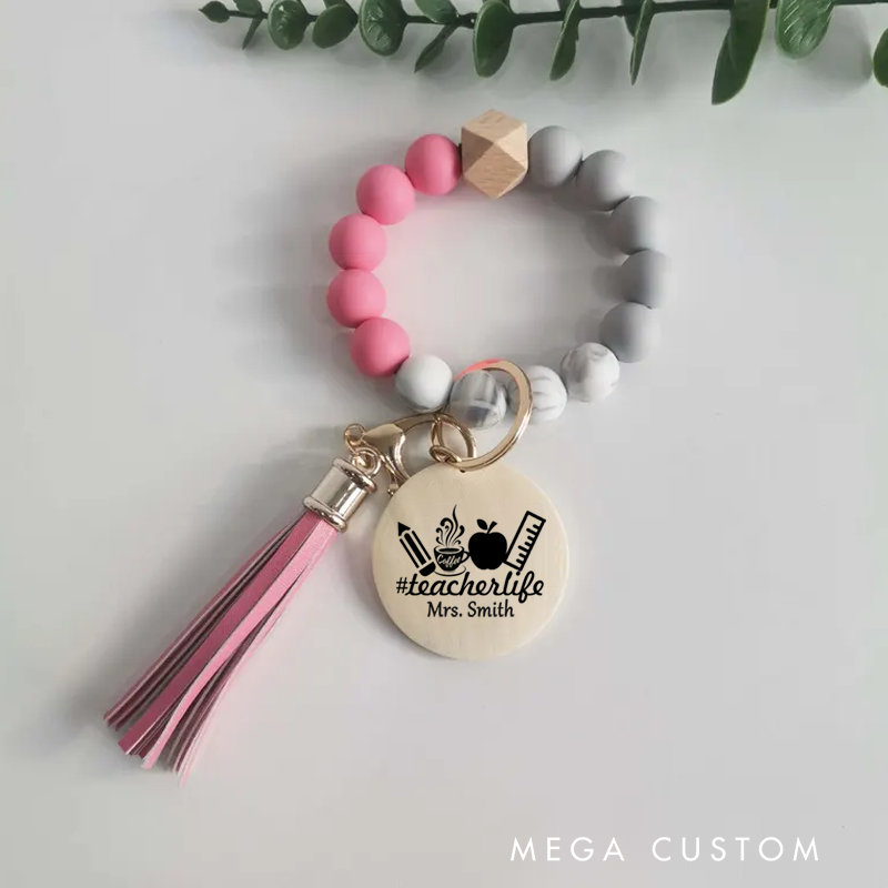 Personalized Teacher Keychain Teacher Flower Design Silicone Beads Bracelet Keychain Wooden Engraved Wristlet Keychain Teacher Appreciation Gift
