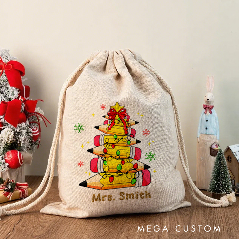 Personalised Christmas Santa Sack for Teachers Custom Cute Pencil Light Star Snowflak Design Sack Christmas Gift