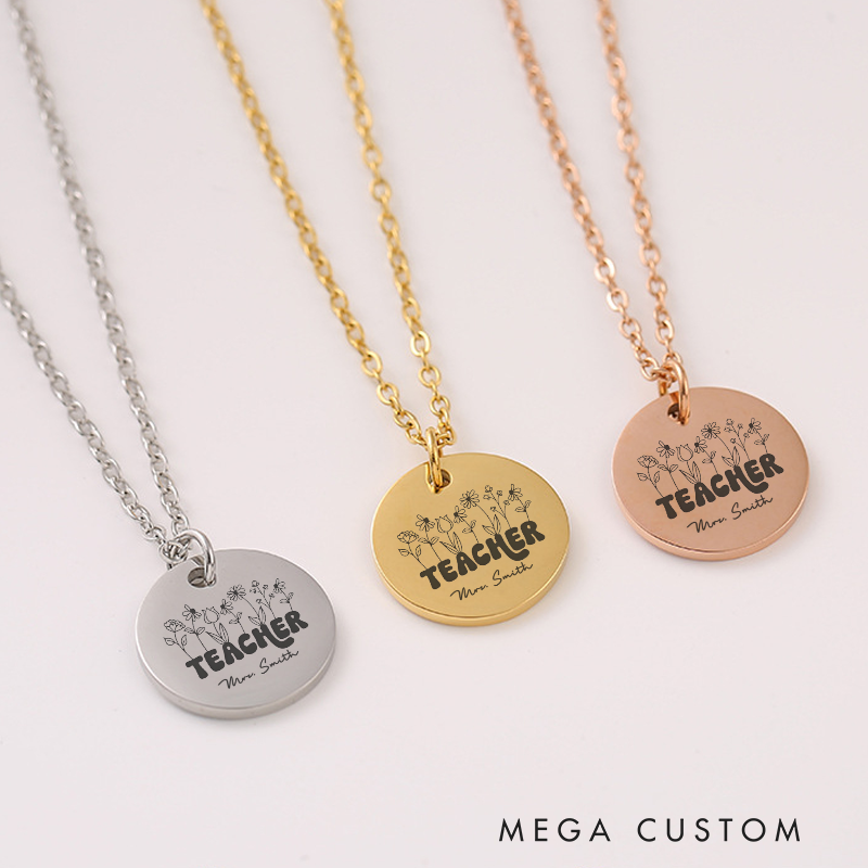Personalized Teacher Engraved Necklace Flower Teacher Design Necklace Thank You Gift for Teachers