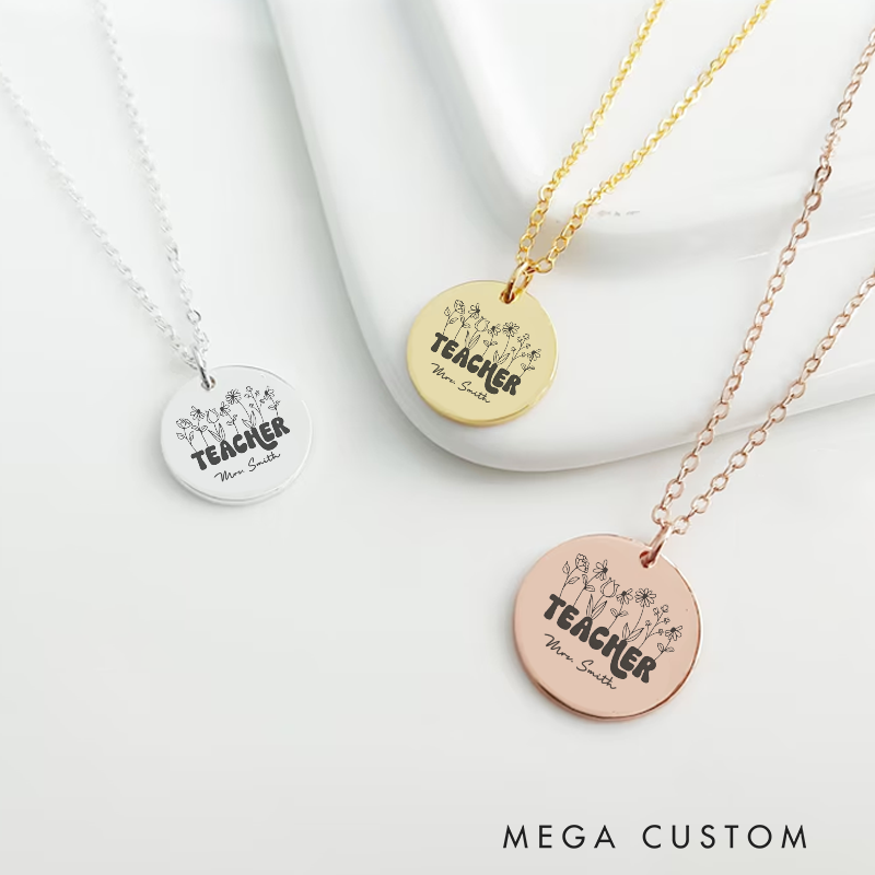 Personalized Teacher Engraved Necklace Flower Teacher Design Necklace Thank You Gift for Teachers