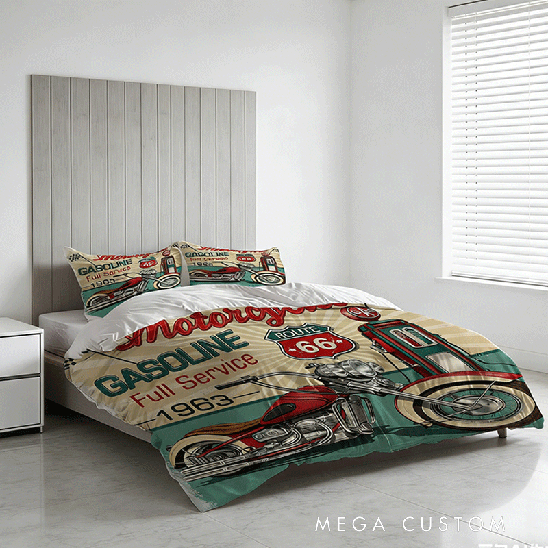  Personalized Retro Route Motorcycle Duvet Cover Bedding Set Custom Name Gift for Bikers and Motorcycle Fans