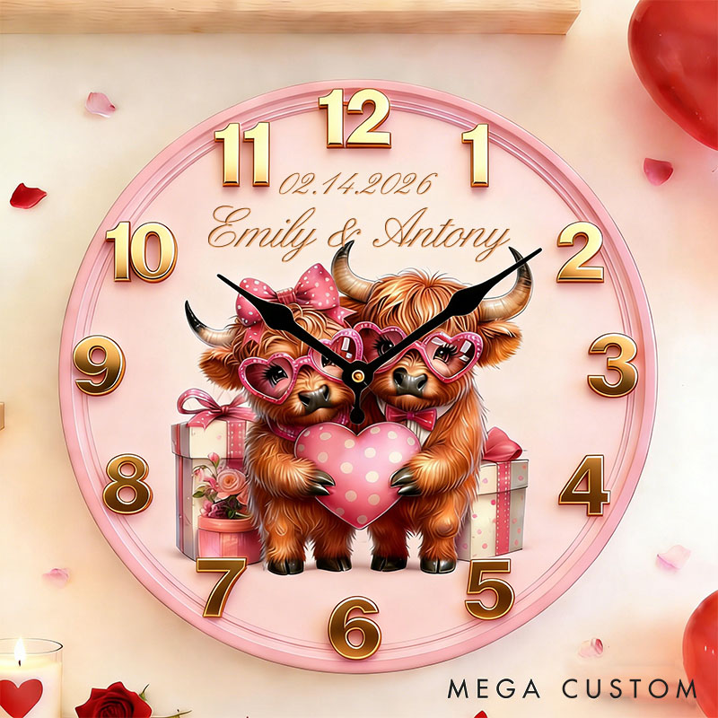 Personalized Highland Cow Couple Happy Valentine's Day Wall Clock Custom Pink Highland Cow Holding Heart 3D Effect Wall Clock Valentines Day Gift