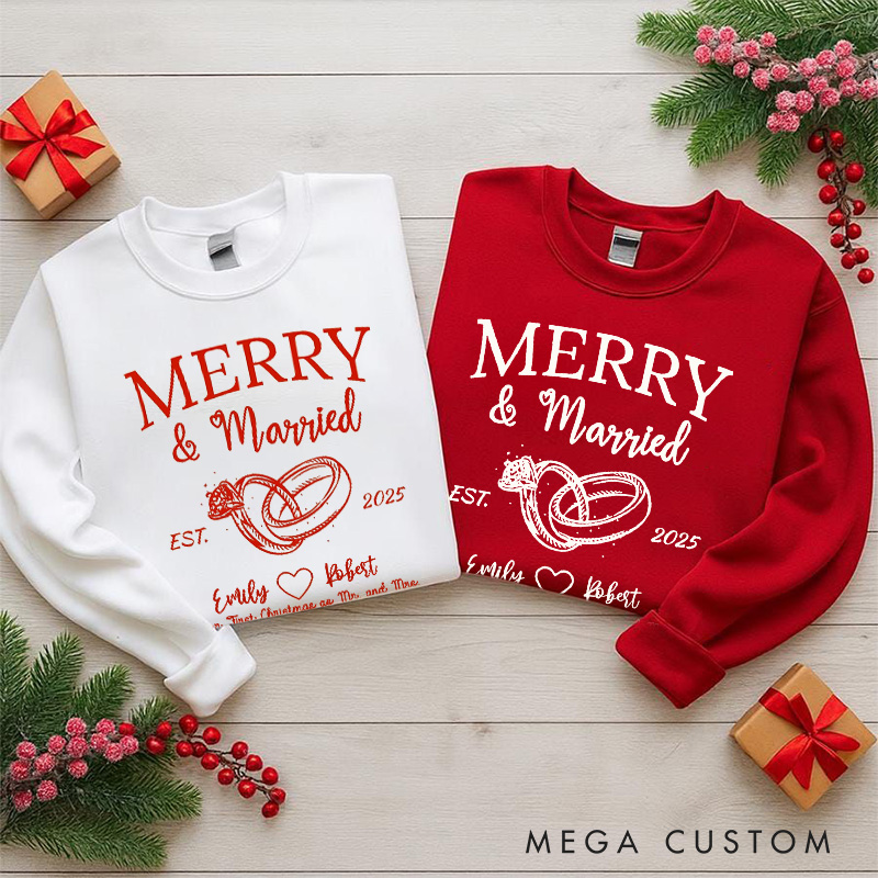 Personalized Merry and Married Sweatshirts for Newlywed Couple First Christmas Sweatshirt