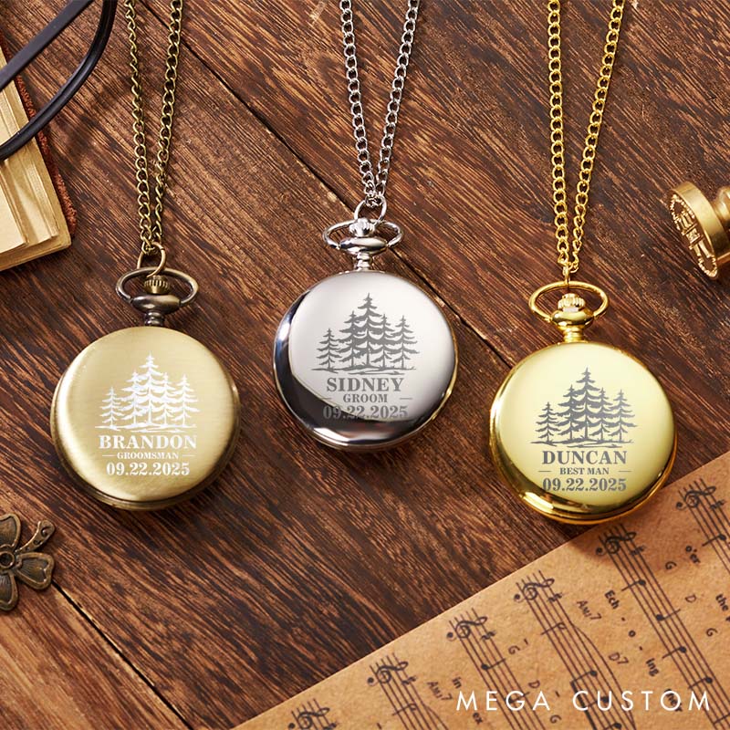 1.Personalized Groomsmen Pocket Watch Forest Wedding Party Pocket Watch Best Man Pocket Watch Unique Custom Bachelor Gift with Chain