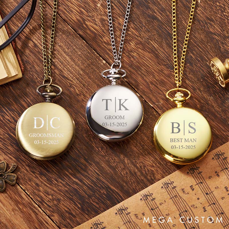 1.Personalized Monogrammed Groomsmen Pocket Watch Engraved Bachelor Gift Pocket Watch with Chain Groomsmen Pocket Watch