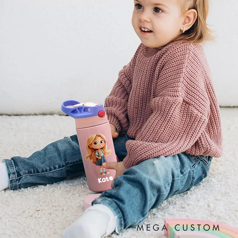 Personalized Cute Cartoon Character Name 12 oz Insulated Water Bottle with Straw and Spill-Proof Lid Back to School Gift for Boys Girls