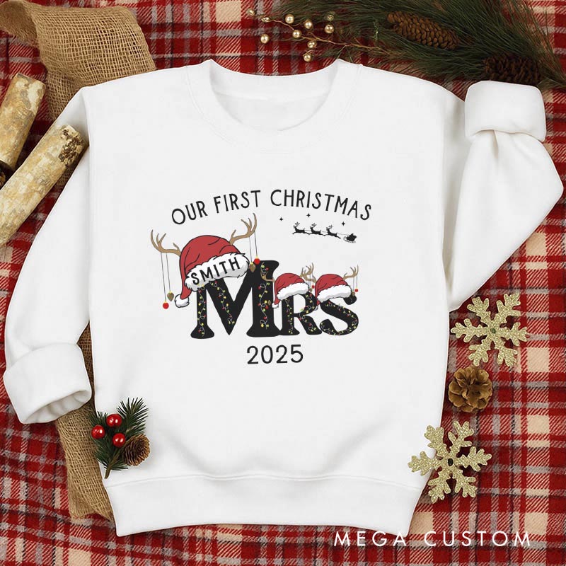 Personalized First Christmas as Mr and Mrs Crewneck for Newlywed Couple Snowman Design Christmas Sweatshirt Couple Holiday Matching Outfit