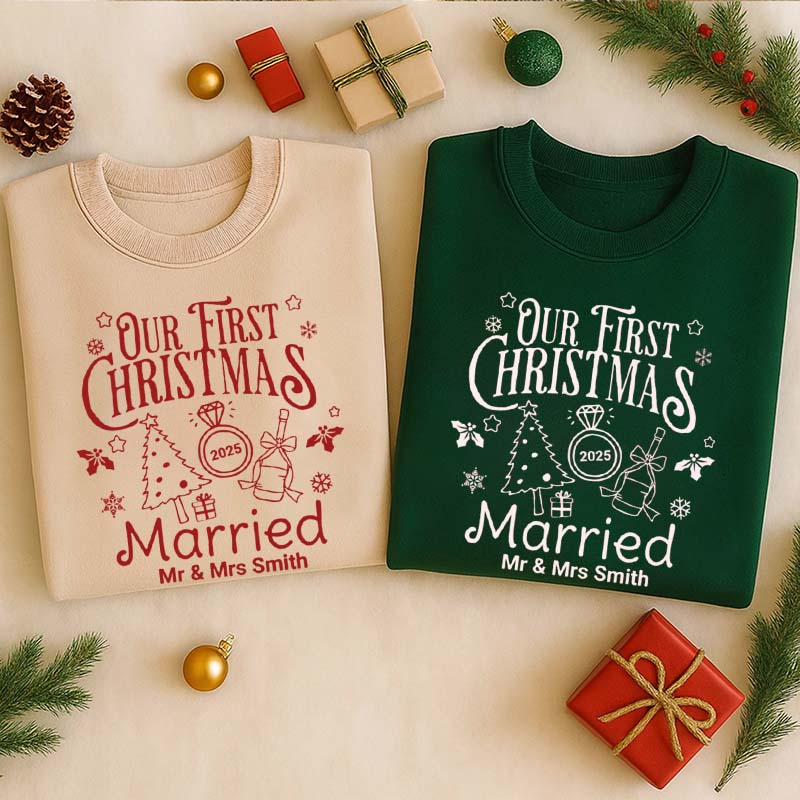 Personalized Our First Christmas Married Sweatshirt for Newlywed Couple Holiday Couple Matching Outfit Newlywed Christmas Gift