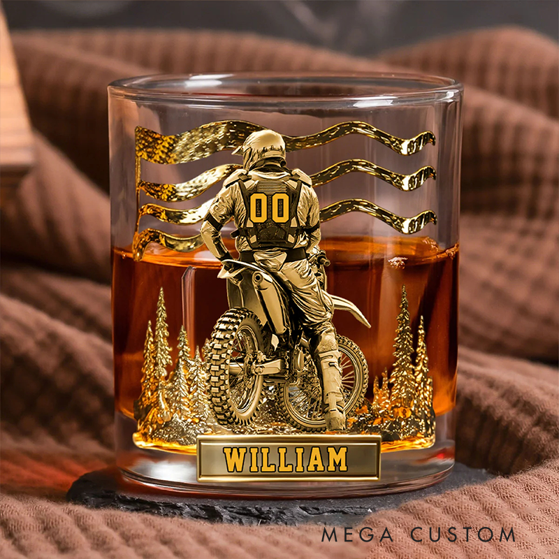 Personalized Motocross Racer Whiskey Glass Custom Name Design Rock Tumbler Gift for Motocross Racers and Motorcycle Lovers
