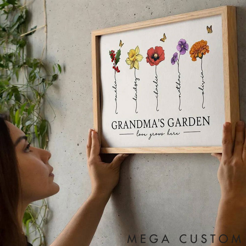 Personalized Grandma's Garden Love Grows Here Beautiful Birth Month Flower Gift For Grandma Mom Personalized Poster 