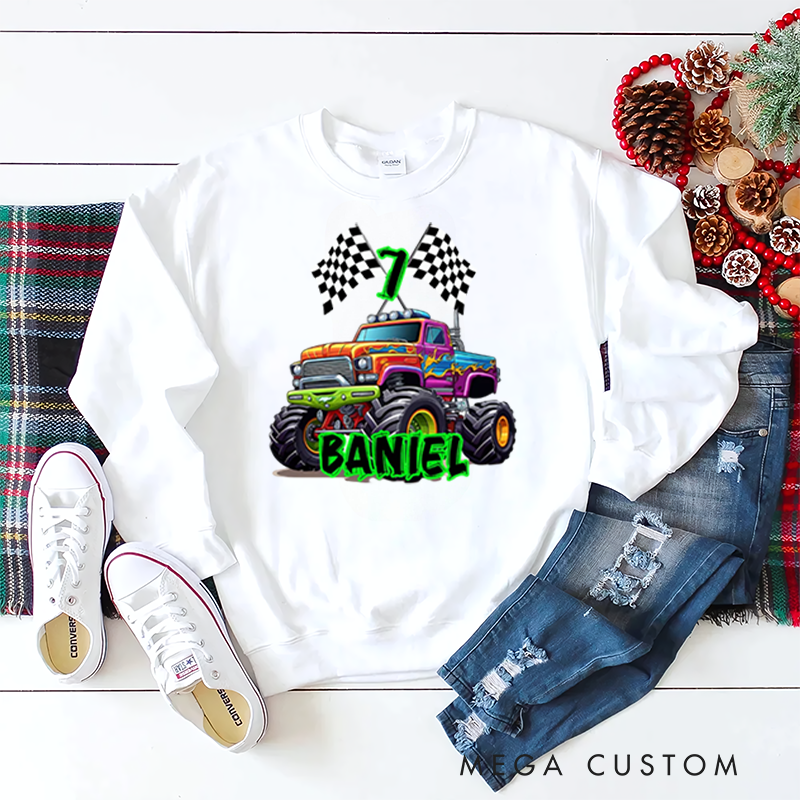 Personalized Big Wheel Off Road Truck Multicolor Kid's Sweatshirt Hoodie with Age and Name Birthday Christmas Gift for Kids