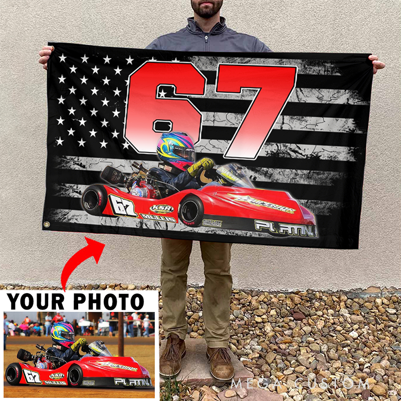 Personalized National flag Racing Banner Custom Racing Car Photo and Number Wall Hanging Gift for Racers and Racing Lovers