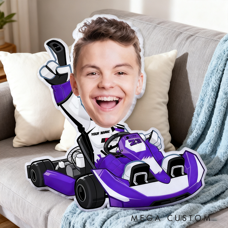 Personalized Kart Racing Custom Face Pillow Custom Name and Color Race Car Driver Shaped Cushion Gift for Racing and Car Lovers