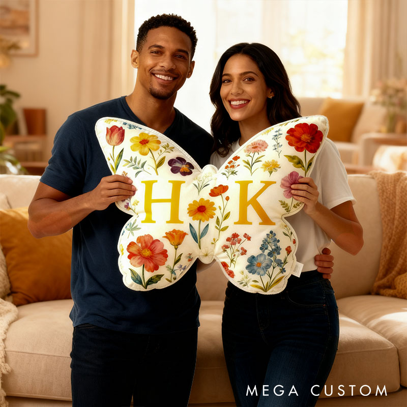 Personalized Couple Butterfly Floral Pillow Newlyweds Initials Cushion Valentine's Day Pillow for Husband Wife Christmas Gift for Boyfriend Girlfriend