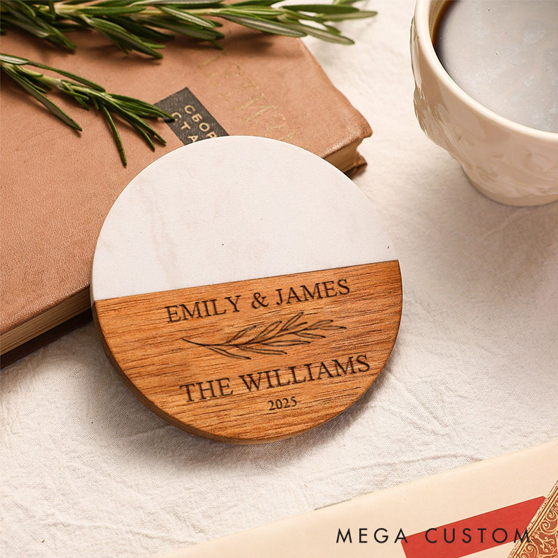 Personalized Wooden and Marble Coasters Custom Wedding Gift Coasters Engraved Wood Anniversary Gift Coaster for Couple Engagement Valentines Gift
