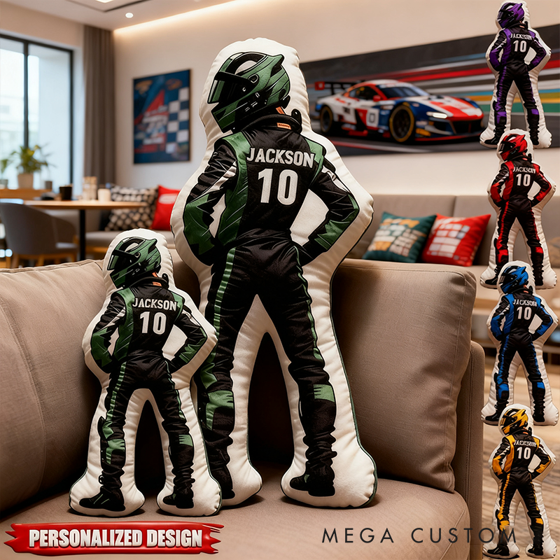 Personalized Racing Driver Shaped Pillow Custom Name and Number Race Suit Cushion Gift for Racing and Motorsport Lovers