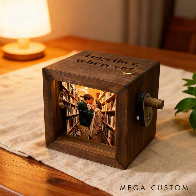 Personalized Photo Flipbook Animation Box Custom Newlyweds Wooden Photo Book with Light Christmas Crank Photo Box Picture Box Anniversary Gift