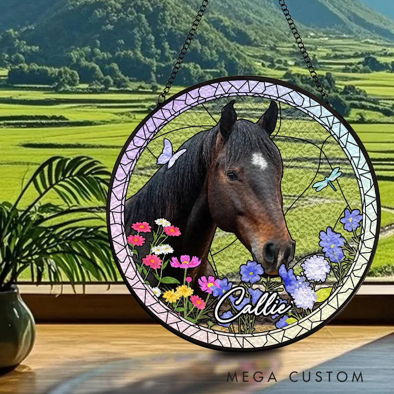 Personalized Horse Stained Glass Suncatcher Photo Horse Loss Memorial Gifts for Equestrian Ridng Lovers 